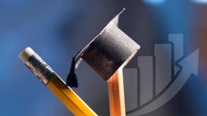 Absolventa cepurīte uz zīmuļa, fonā augošs grafiks