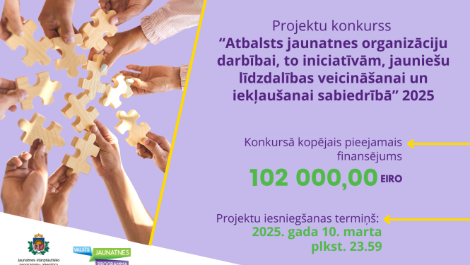 Projektu konkursa vizuālis ar uzrakstu "Projektu konkurss "Atbalsts jaunatnes organizāciju darbībai, to iniciatīvām, jauniešu līdzdalības veicināšanai un iekļaušanai sabiedrībā""