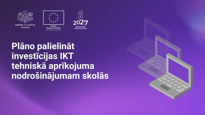 Virsraksts "Plāno palielināt investīcijas IKT tehniskā aprīkojuma nodrošinājumam skolās", viens pie otra nolikti klēpjdatori