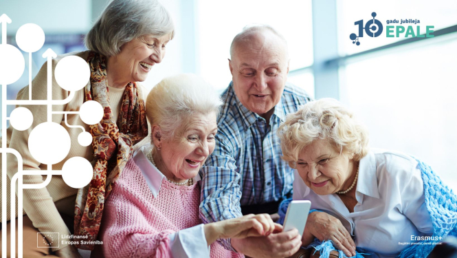 Seniori pēta telefonu. EPALE logo.
