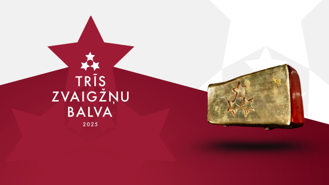 "Trīs Zvaigžņu balva 2025" svinīgā ceremonija, vizuālo materiālu rotā zvaigžņu grafiskie elementi, kā arī simboliska – zelta balva ar trīs zvaigznēm