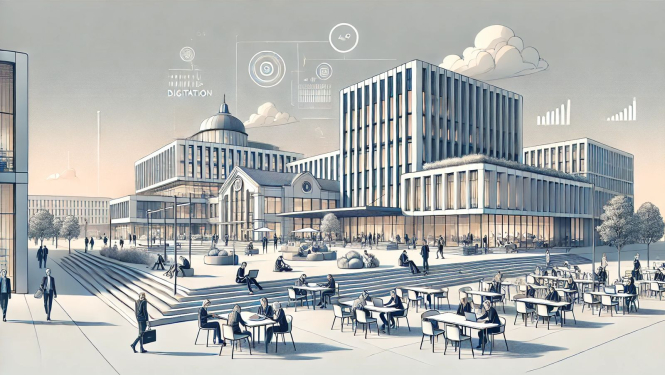 Buildings, people sitting at tables, digital symbols in the background. Image generated by AI.