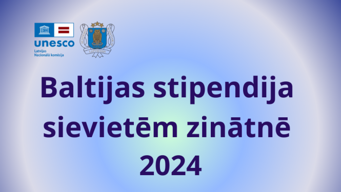 Attēls zilganos toņos ar aicinājumu sievietēm zinātnē pieteikties stipendijai
