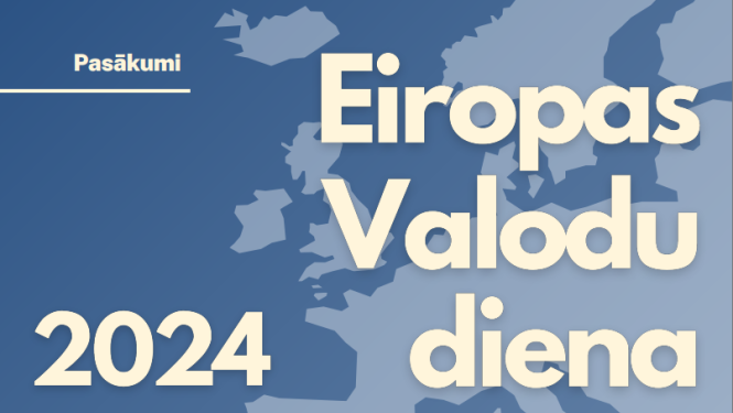 Zilganās krāsās Eiropas kontūrkarte un priekšplānā uzraksts "Eiropas Valodu diena 2024"