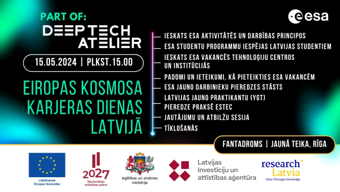 Deep tech Atelier plakāts ar uzrakstu "Eiropas Kosmosa karjeras dienas Latvijā"
