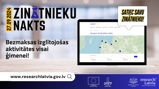 Plakāts, kurā redzams nosaukums "Zinātnieku nakts", uzraksts "Bezmakasas izglītojošas aktivitātes visai ģimenei", kā arī planšete, kurā redzama karte ar atzīmētām pasākuma vietām