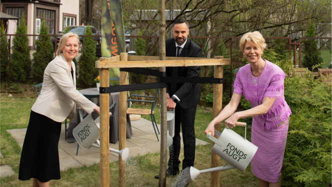 Swedbank dibinātā izglītības Fonda AUGT atklāšana, ministre Anda Čakša, fonda vadītāja Guna Joma un Lauris Mencis, Swedbank Latvija valdes priekšsēdētājs, ar lejkalnām aplej iestādīto ozolu