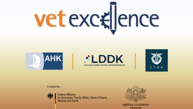 “VET_Excellence 2026”. Logo ansamblis - AHK, LDDK, LTRK, Vācijas Federatīvās Republikas Izglītības, ģimenes, senioru, sieviešu un jaunatnes lietu ministrija, IZM