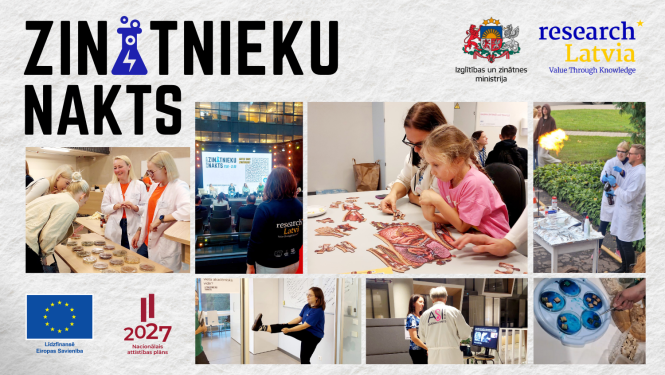 Kolāža no Zinātnieku nakts fotogrāfijām: vienā meita ar mammu liek puzli, kas veido cilvēka iekšējo orgānu attēlu, citā divas meitenes skatās bioloģiskos paraugus, kas uz galda salikti stikla traukos, vēl citā notiek ugunšovs, vēl vienā kāds zinātnieks stāsta par savu darbu pasākuma apmeklētājai