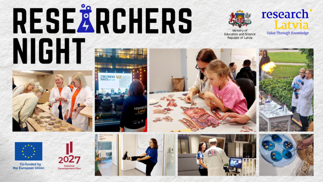 A collage of photos from the Researchers Nigt: a daughter and her mother are putting together a puzzle that creates a picture of human internal organs, two other girls are looking at biological samples arranged in glass containers on a table, in another there is a fire show, scientist is talking about his work to the event's visitors