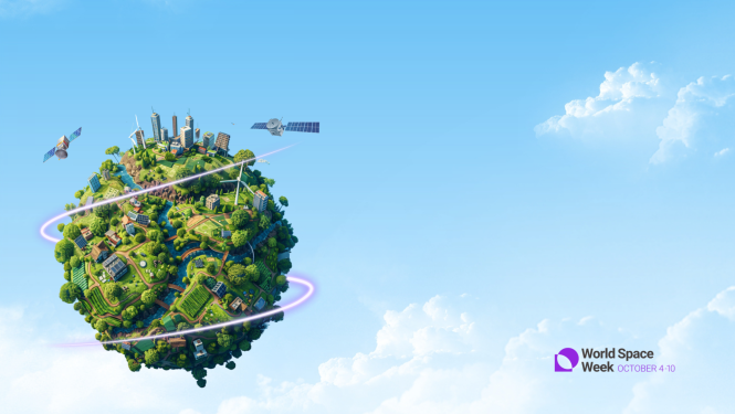 Uz debesu fona stilizēta zemeslode, uz kuras redzams daudz zaļu koku, apkārt tai lido divi satelīti 