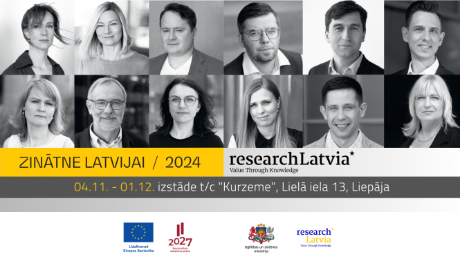 Izstādes “Zinātne Latvijai 2024” plakāts, kurā melnbaltās fotogrāfijās redzami visi 12 pētnieki un pētnieces, kas iekļauti 2024. gada zinātnes kalendārā