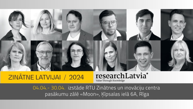 Izstādes “Zinātne Latvijai 2024” plakāts, kurā melnbaltās fotogrāfijās redzami visi 12 pētnieki un pētnieces, kas iekļauti 2024. gada zinātnes kalendārā