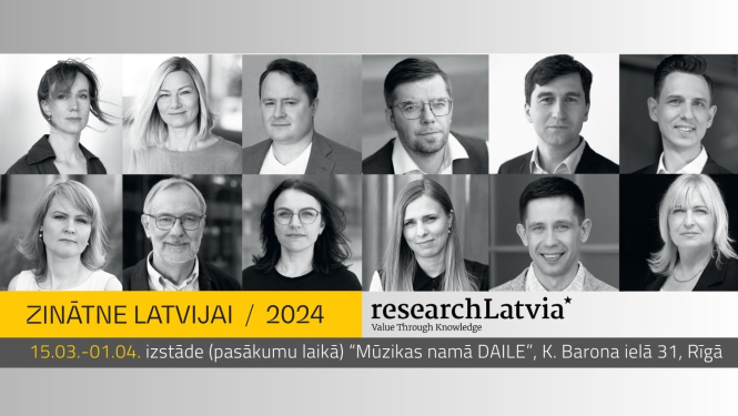 Izstādes “Zinātne Latvijai 2024” plakāts, kurā melnbaltās fotogrāfijās redzami visi 12 pētnieki un pētnieces, kas iekļauti 2024. gada zinātnes kalendārā