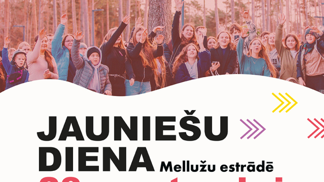 Jūrmalas jauniešu dienas plakāts, kurā redzama fotogrāfija ar daudziem jauniešiem un virsraksts "Jauniešu diena" 28. septembris