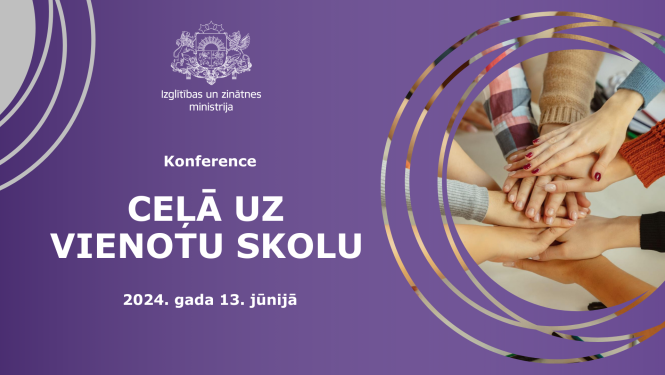 Uz violeta fona IZM logo un attēls ar jauniešu rokām, kas saliktas viena uz otras. Baltiem burtiem uzraksts "Ceļā uz vienotu skolu"