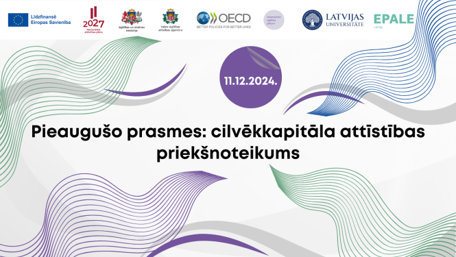 Plakāts, kurā redzams konferences nosaukums "Pieaugušo prasmes: cilvēkkapitāla attīstības priekšnoteikums"