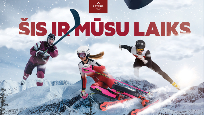 Sauklis "Šis ir mūsu laiks", fonā Latvijas sportisti