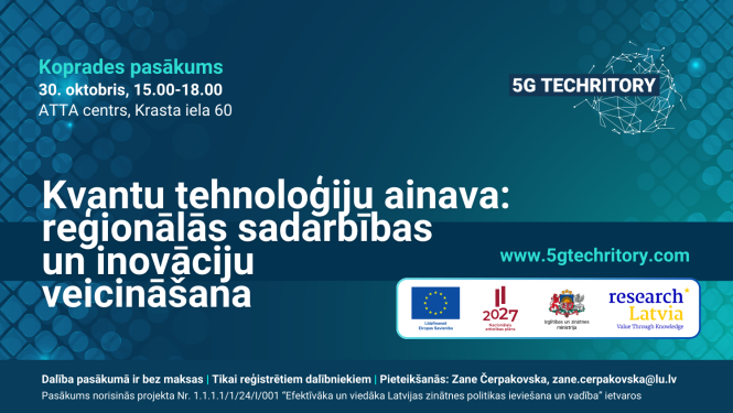 Uz zaļganzila fona uzraksts "Kvantu tehnoloģiju ainava: reģionālās sadarbības un inovāciju veicināšana"