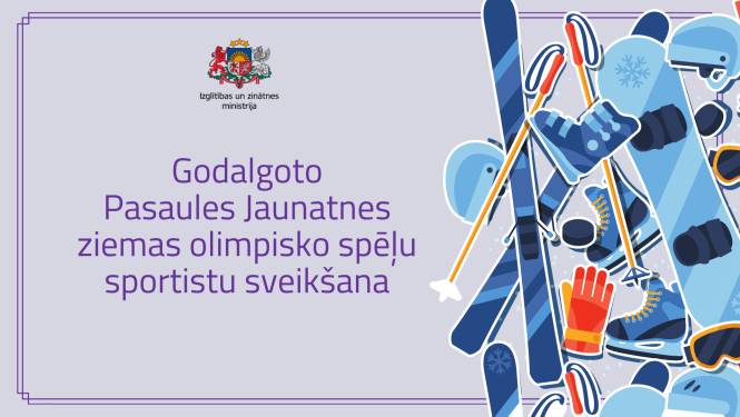 Uz violeta fona ir ministrijas logo, ziemas sporta veidu ekipējuma zīmējumi