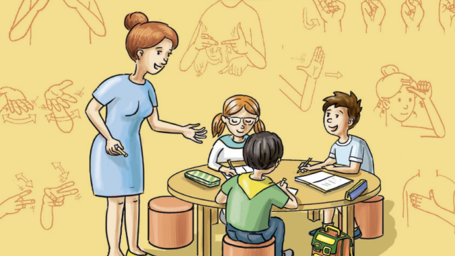 Animācija ar skolotāju un trīs bērniem 