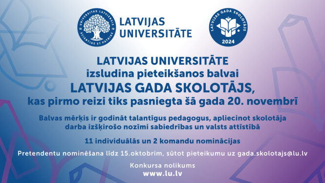 Latvijas gada skolotājs plakāts uz zili violeta fona