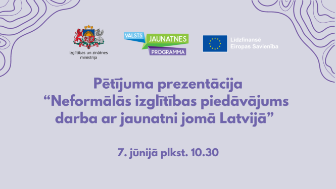 Uz violeta fona IZM, logo  Jaunatnes programmas un ES līdzfinansējuma logo un uzraksts pētījuma prezentācija “Neformālās izglītības piedāvājums darba ar jaunatni jomā Latvijā”