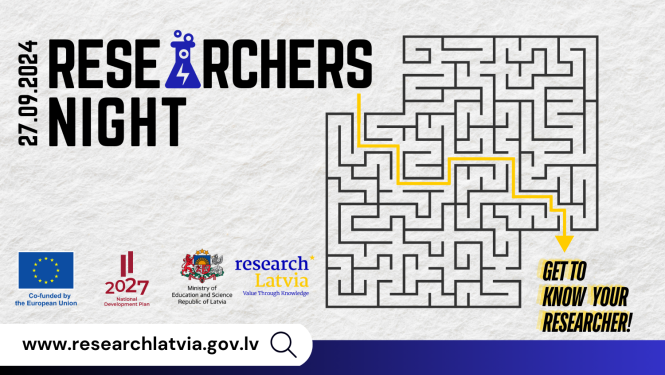 Poster of the Researchers night event with a drawn labyrinth, the exit of which is indicated by a yellow arrow, as well as the logo of the Ministry of Education and Science, the European Union and the National Development Plan