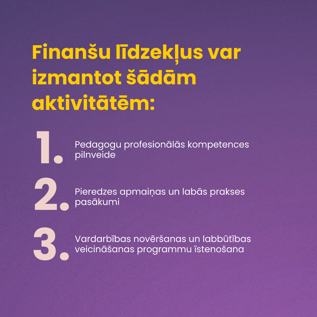 "Finanšu līdzekļus var izmantot šādām aktivitātēm"