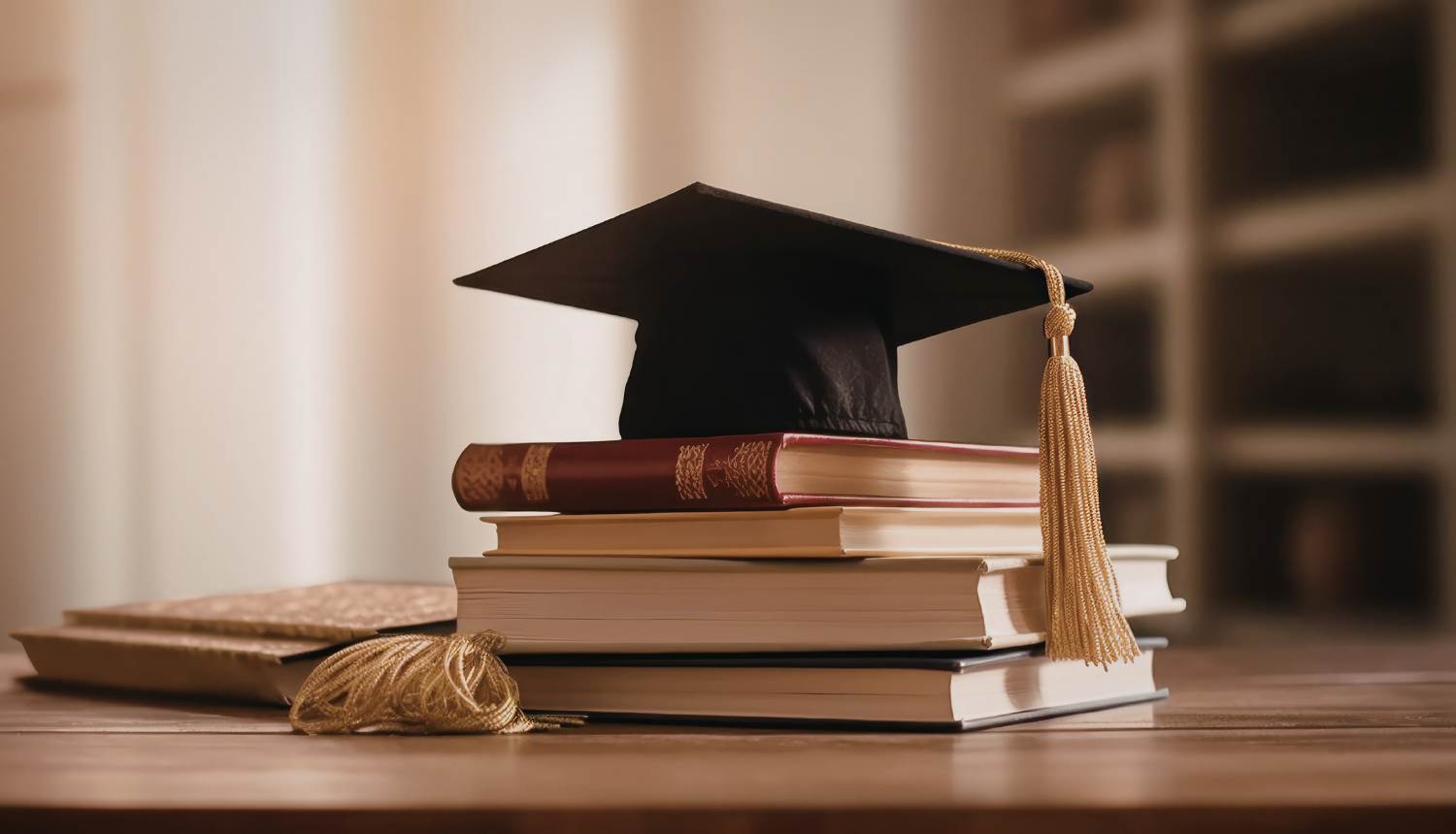 uz galda stāv grāmatas un absolventa cepurīte