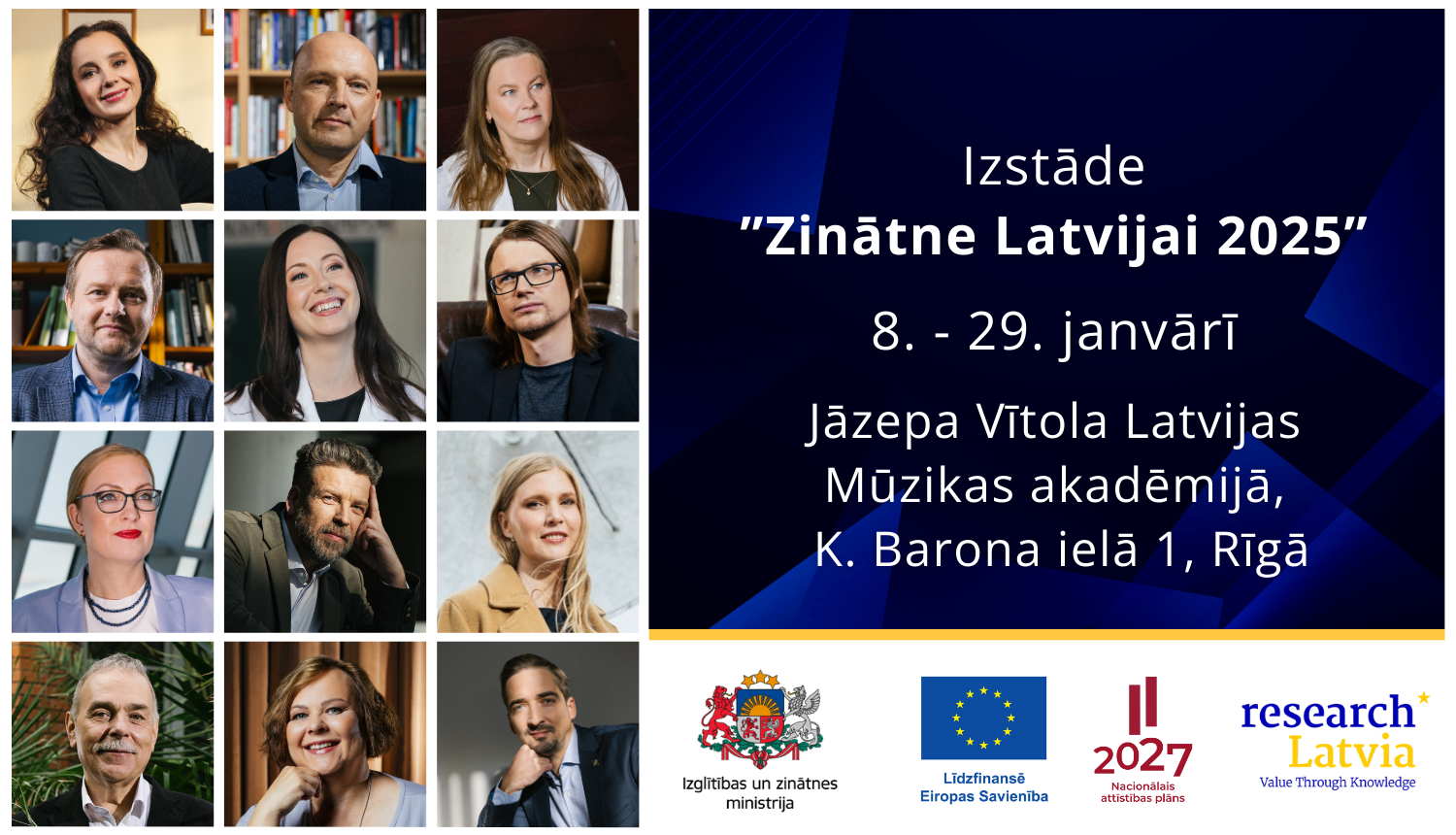 Izstāde "Zinātne Latvijai 2025" 8.-29. janvārī. Vizuālī attēloti "Zinātne Latvijai" pārstāvji.