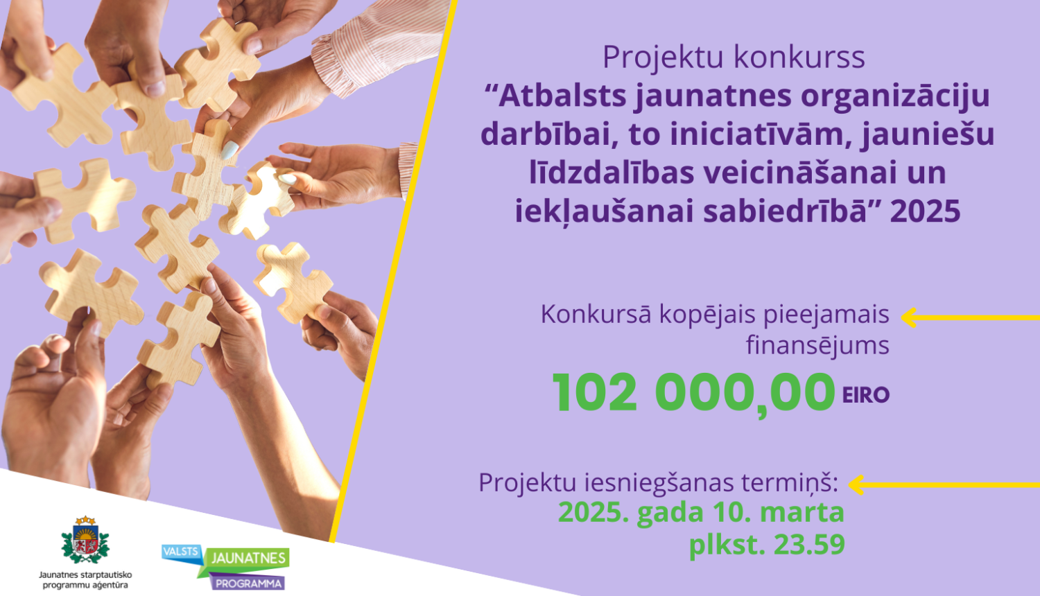 Projektu konkursa vizuālis ar uzrakstu "Projektu konkurss "Atbalsts jaunatnes organizāciju darbībai, to iniciatīvām, jauniešu līdzdalības veicināšanai un iekļaušanai sabiedrībā""