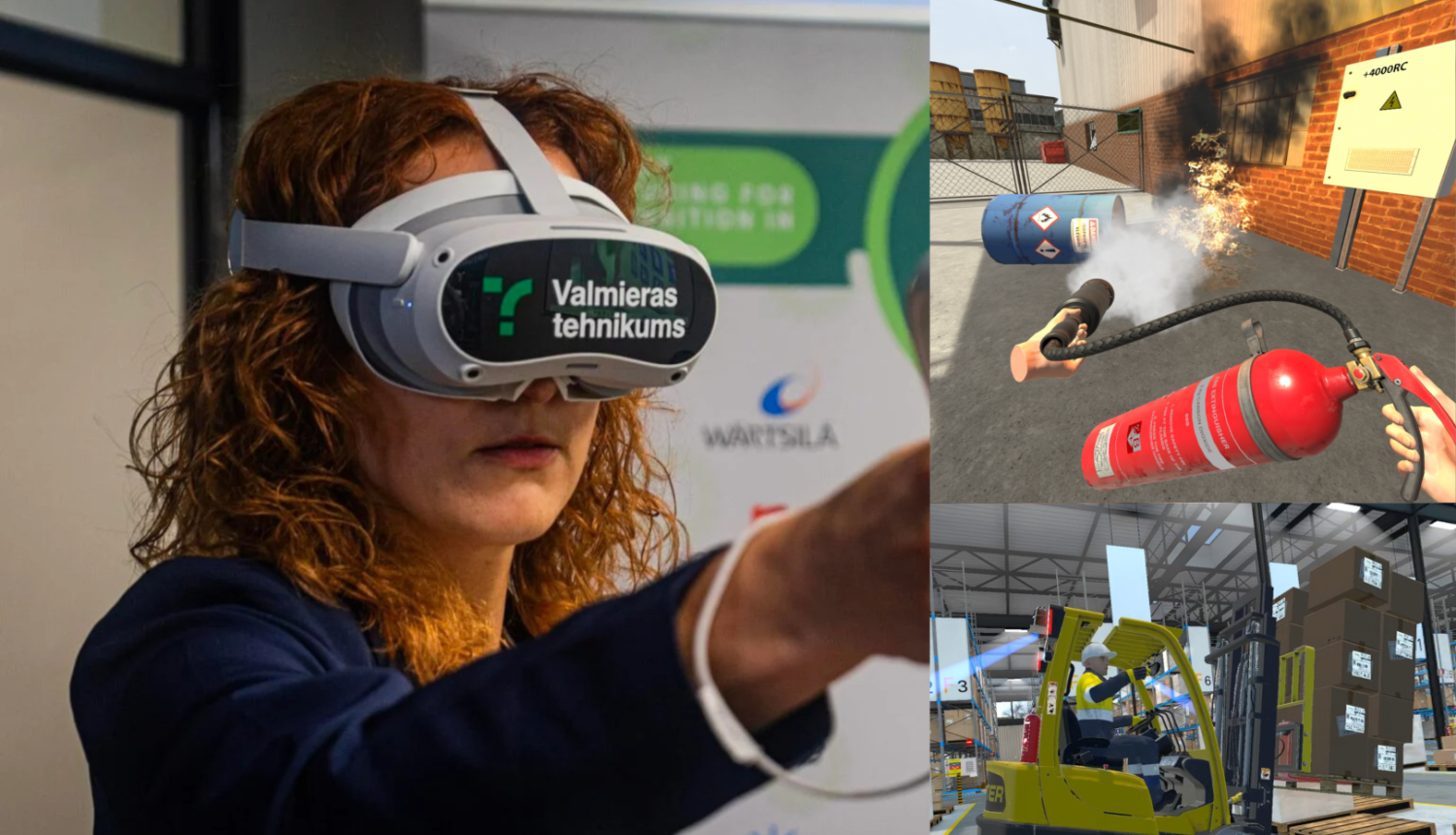 Sieviete ar uzvilktām VR brillēm, uz brillēm rakstīts "Valmieras tehnikums"