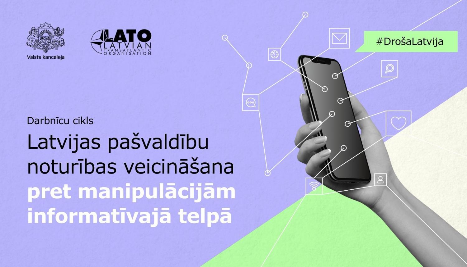 Vizuāla grafika, kurā attēlota roka, kas tur mobilo telefonu un uzraksts