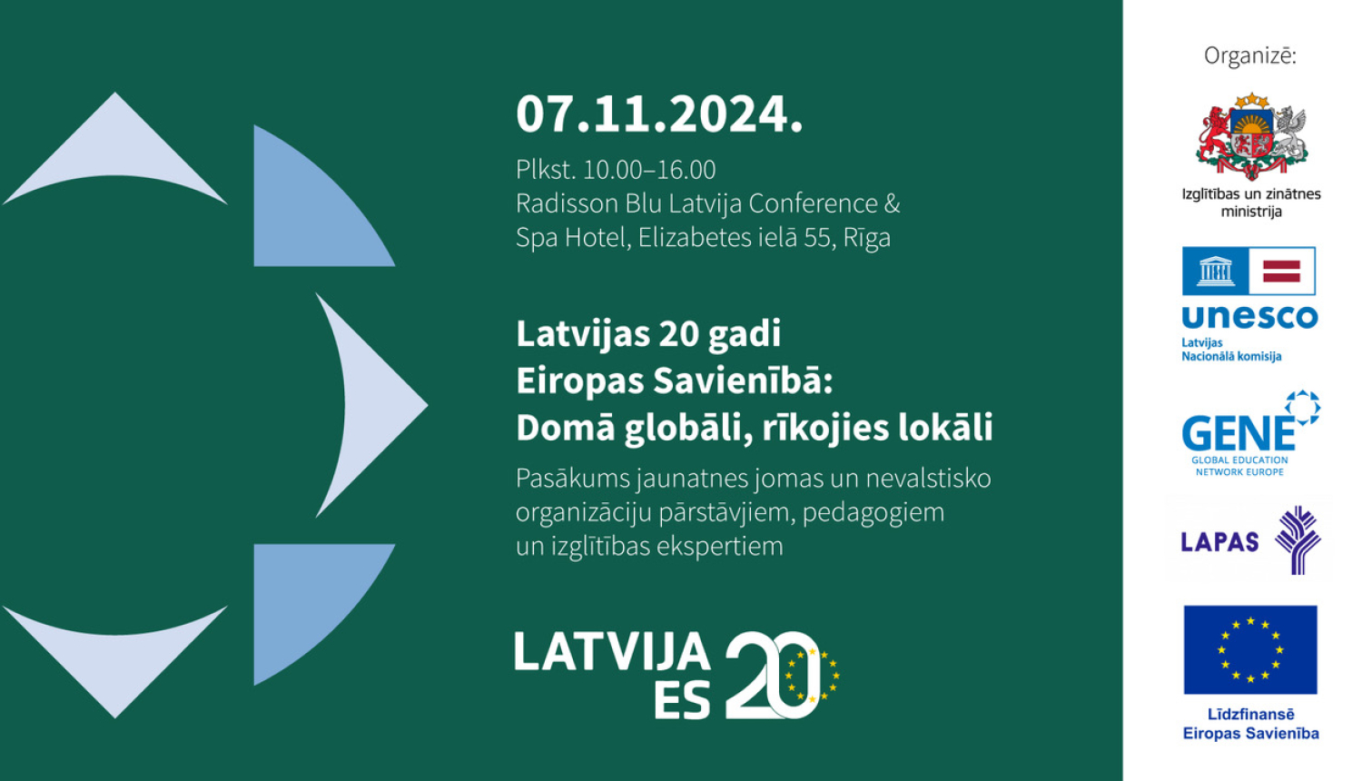 Pasākuma plakāts. Uz zaļa fona ir zilgani trijstūri un uzraksts "Latvijas 20 gadi Eiropas Savienībā: Domā globāli, rīkojies lokāli". Labajā pusē ir IZM< UNESCO, GENE, LAPAS un Eiropas Savienības logo.