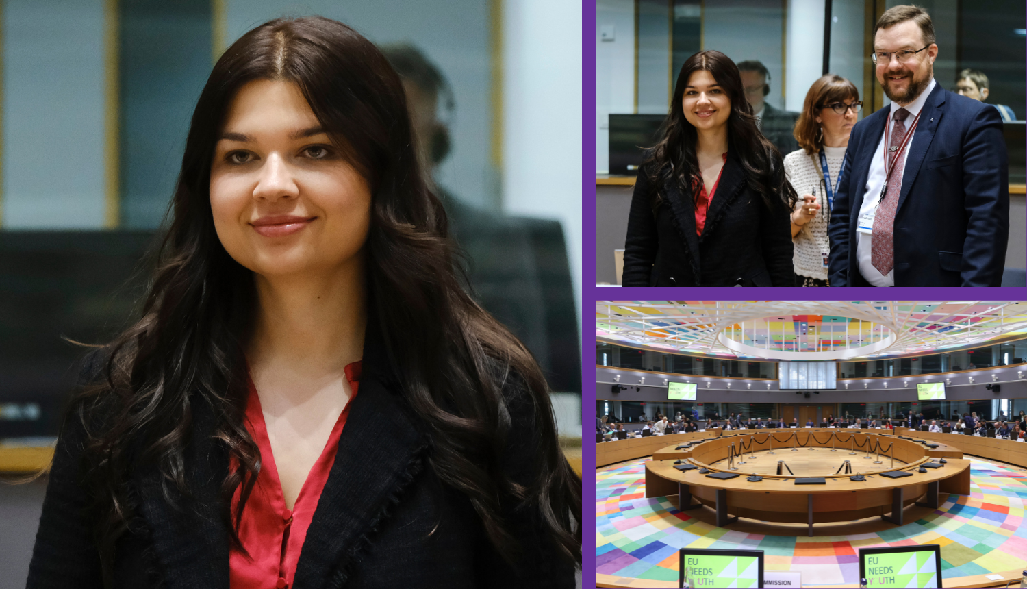 Kolāža ar foto, kurās redzama Silvija Reinberga un Eiropas Savienības Izglītības, jaunatnes, kultūras un sporta ministru sanāksmes telpa