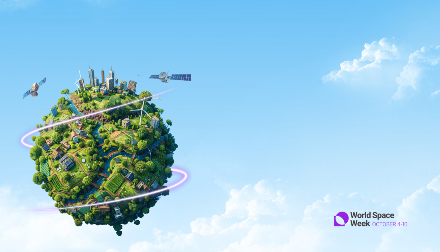 Uz debesu fona stilizēta zemeslode, uz kuras redzams daudz zaļu koku, apkārt tai lido divi satelīti 