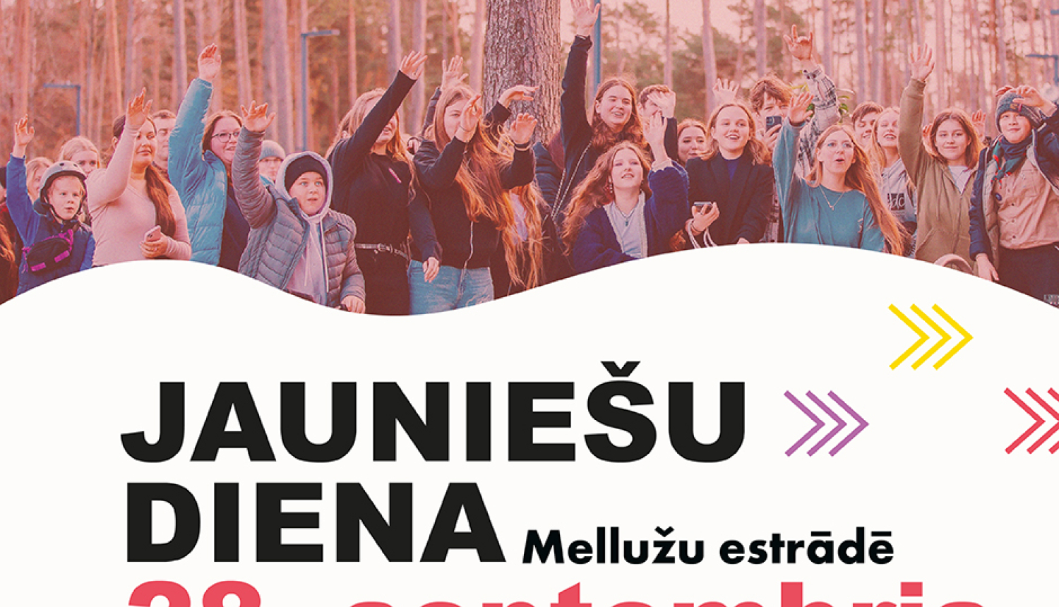 Jūrmalas jauniešu dienas plakāts, kurā redzama fotogrāfija ar daudziem jauniešiem un virsraksts "Jauniešu diena" 28. septembris