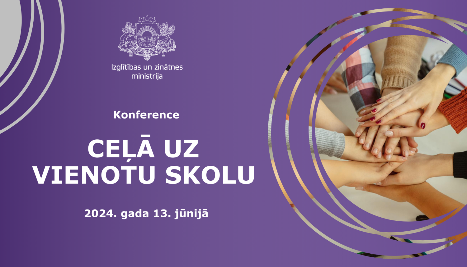Uz violeta fona IZM logo un attēls ar jauniešu rokām, kas saliktas viena uz otras. Baltiem burtiem uzraksts "Ceļā uz vienotu skolu"