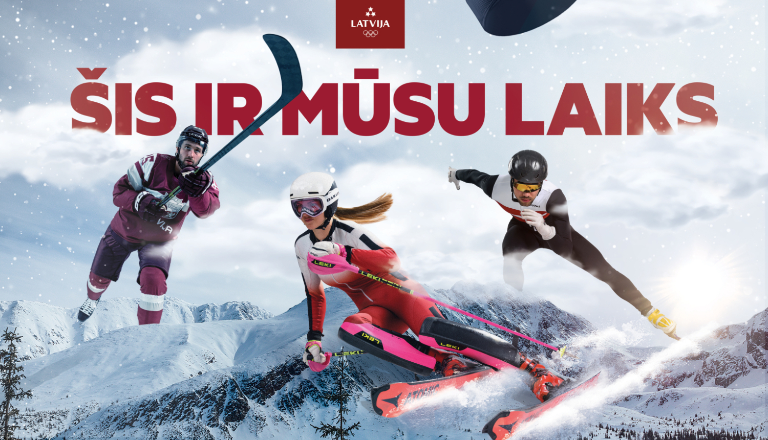 Sauklis "Šis ir mūsu laiks", fonā Latvijas sportisti