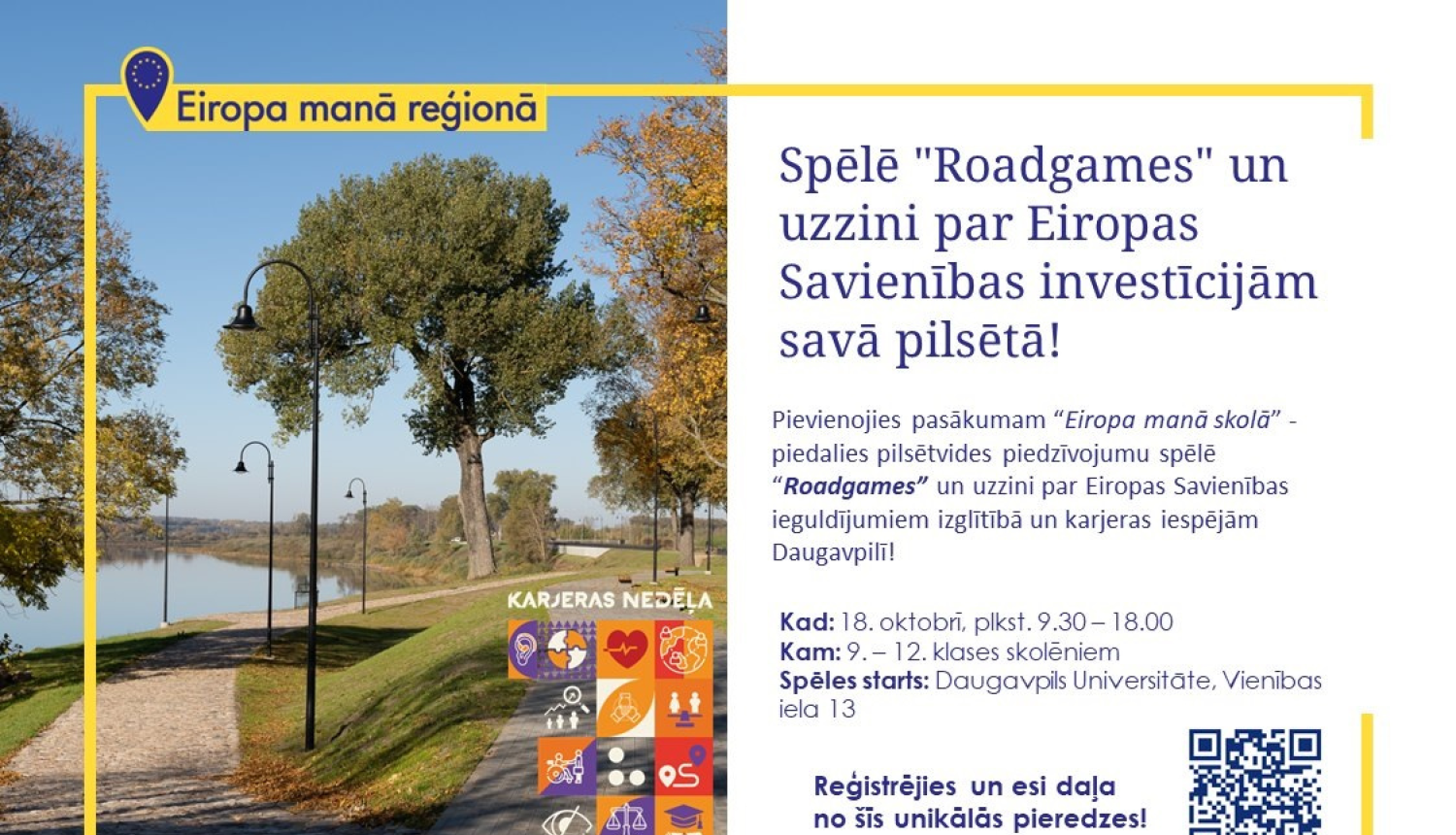 Pasākuma "Eiropa manā skolā" plakāts ar informatīvu tekstu un foto, kurā attēlota pilsētas ainava ar kokiem