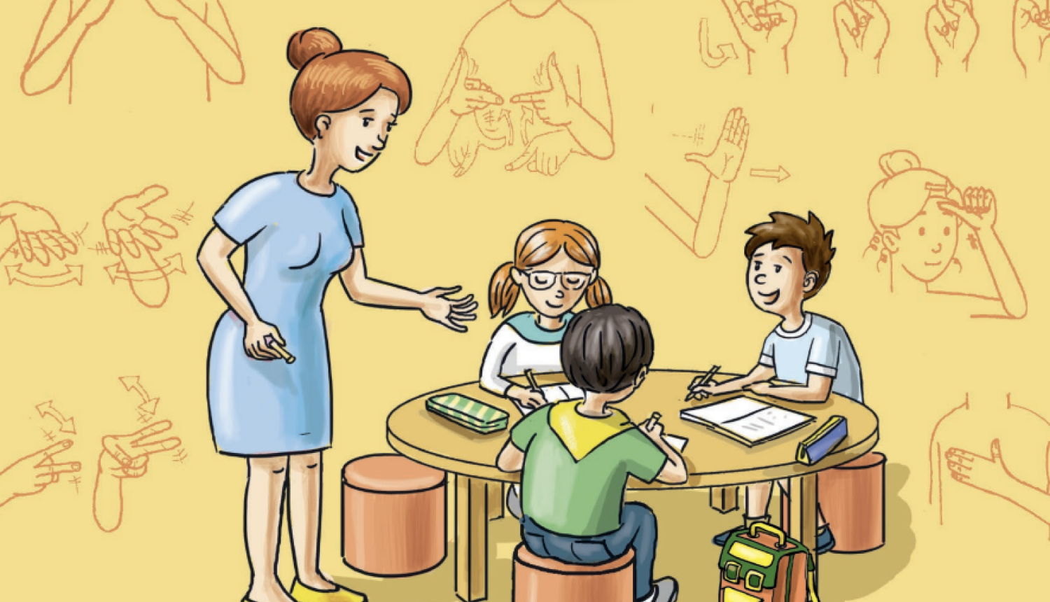 Animācija ar skolotāju un trīs bērniem 