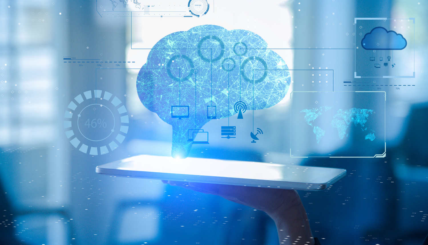 Planšete, no kuras izstarojas digitālu smadzeņu apveids, mākslīgais intelekts