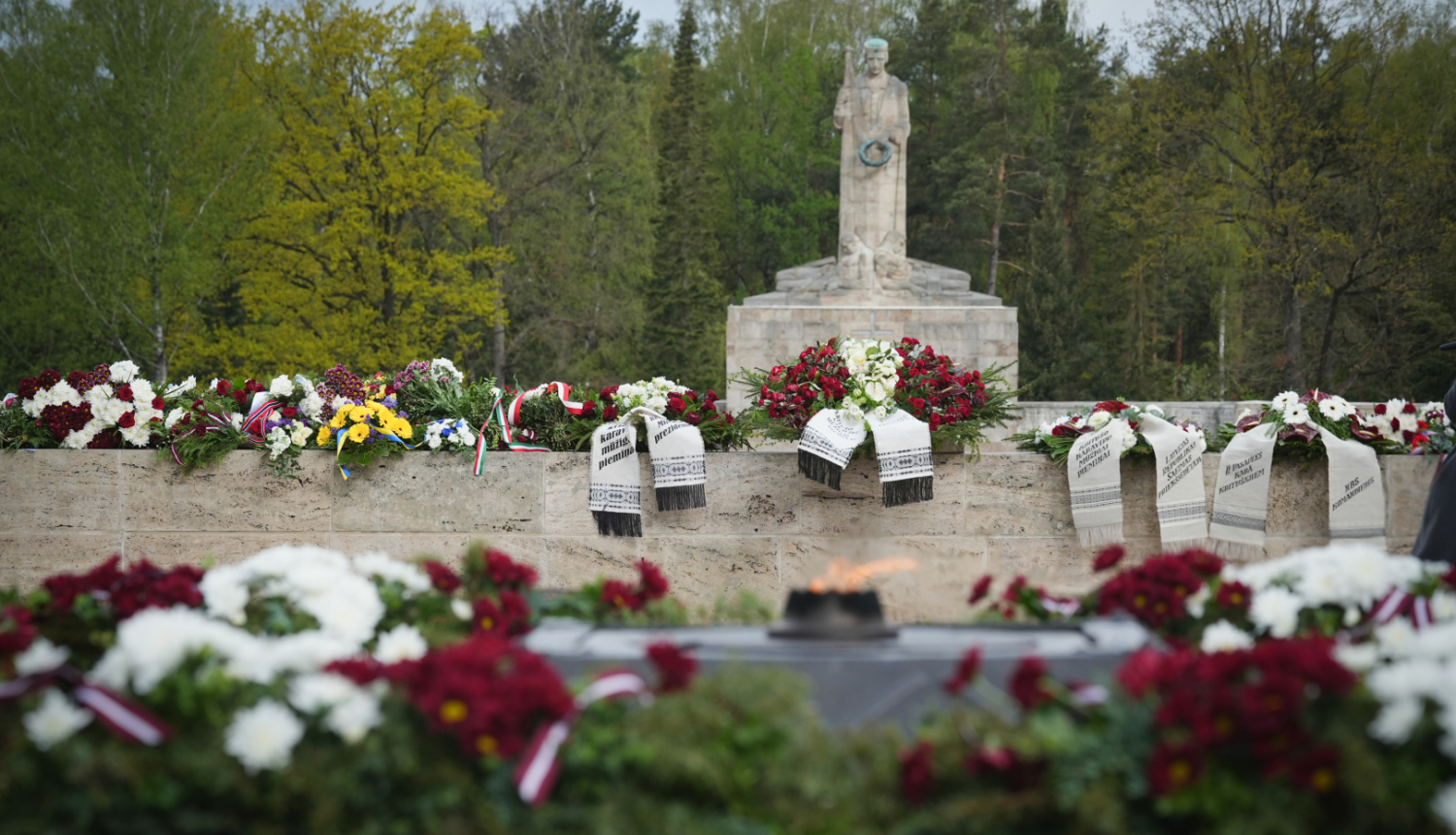Rīgas Brāļu kapi ar novietotiem ziediem un ziedu vainagiem
