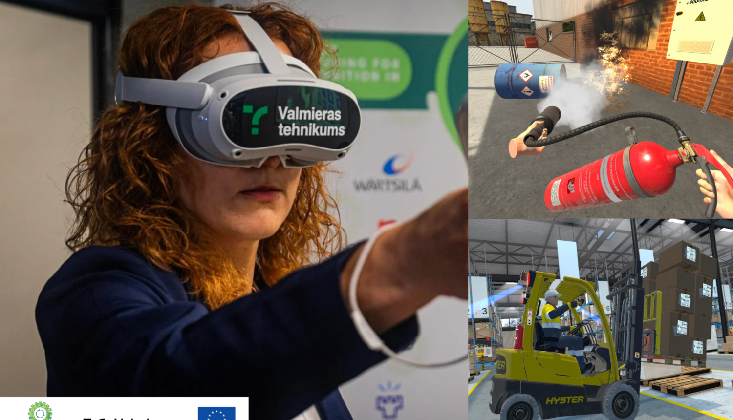 Sieviete ar uzvilktām VR brillēm, uz brillēm rakstīts "Valmieras tehnikums"