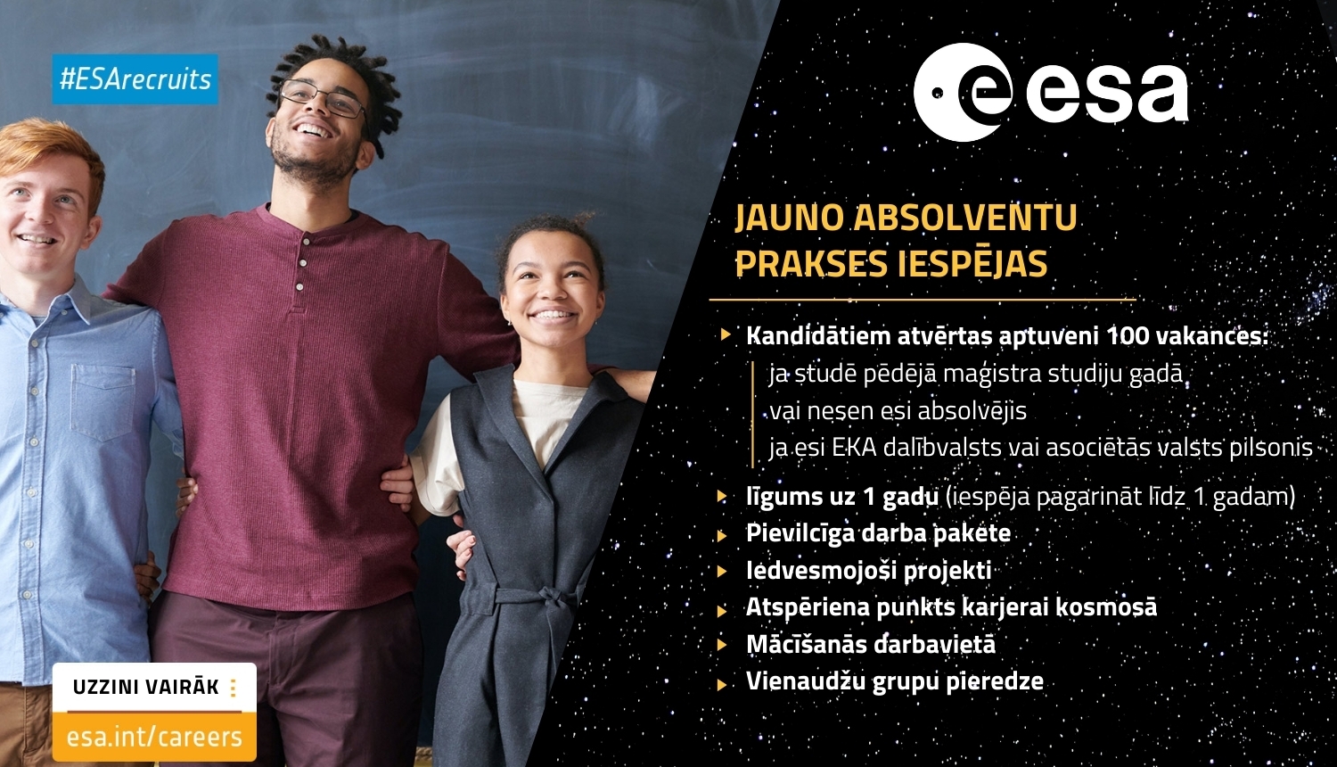 Eiropas Kosmosa aģentūras uzsaukums studentiem pieteikties apmaksātā praksē