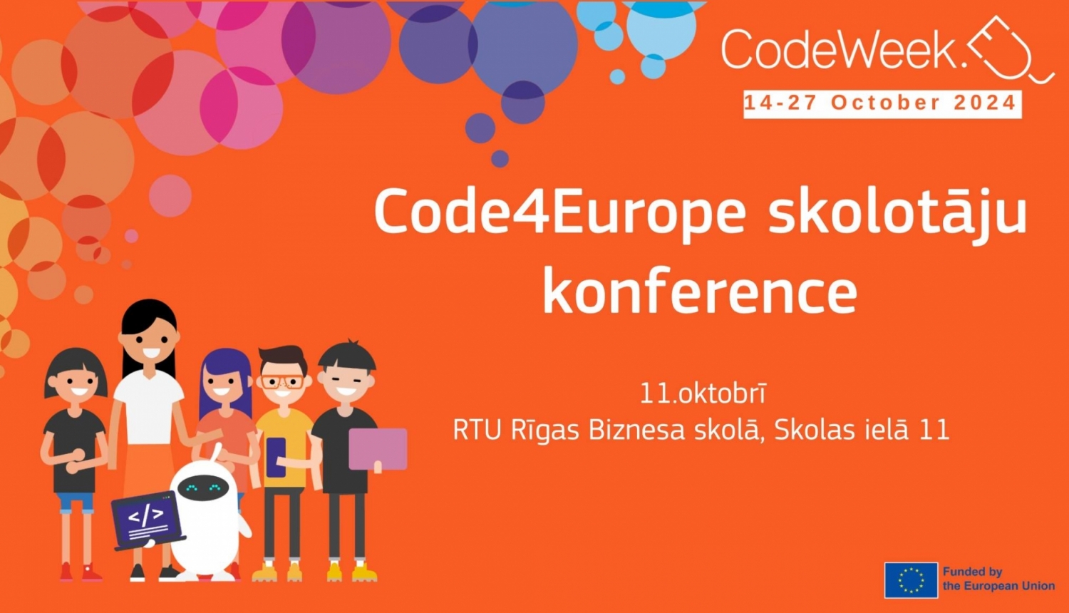 Uz oranža fona skolotājas un skolēnu stilizēts zīmējums un uzraksts " Code4Europe skolotāju konference" 
