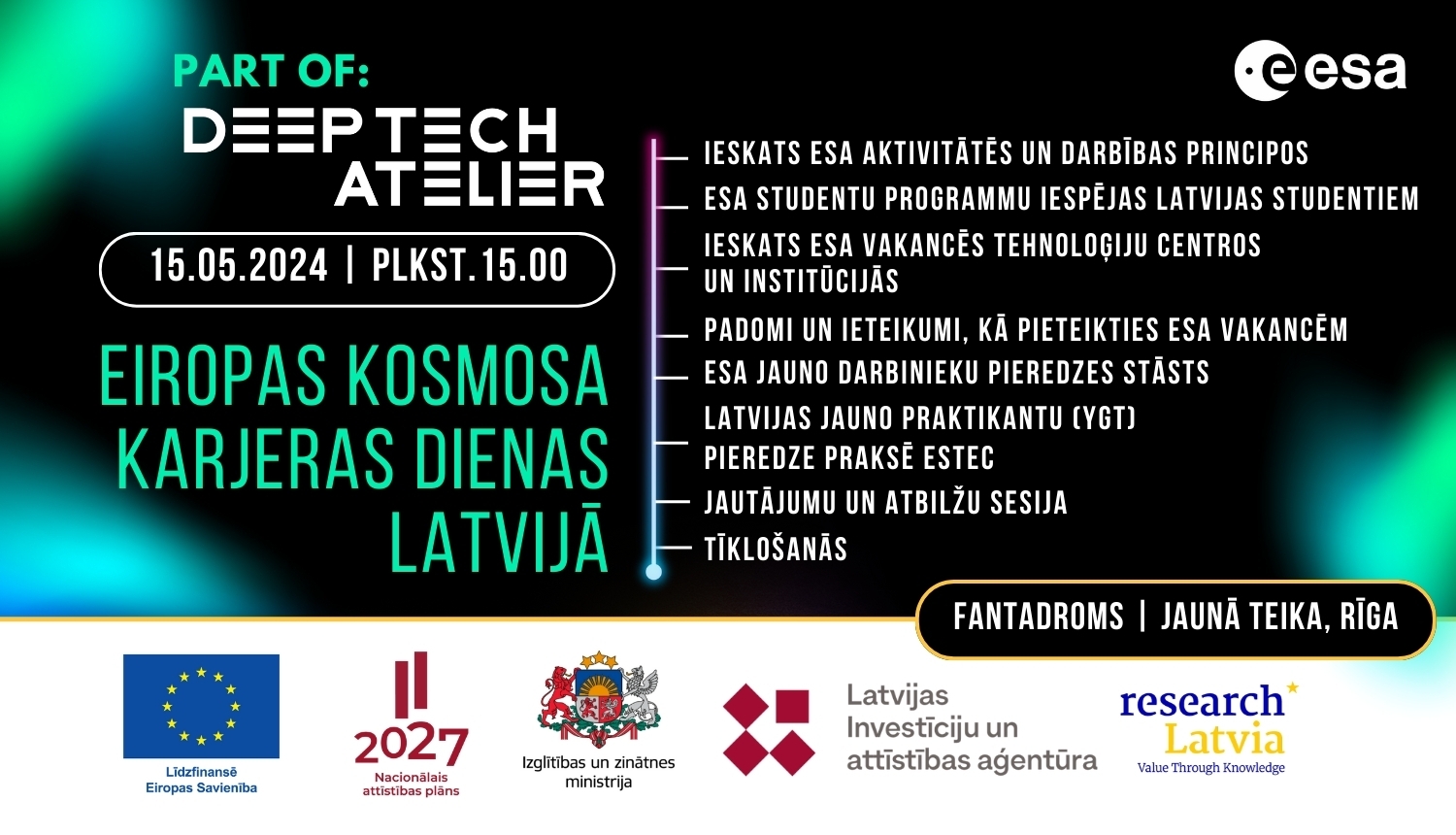 Deep tech Atelier plakāts ar uzrakstu "Eiropas Kosmosa karjeras dienas Latvijā"