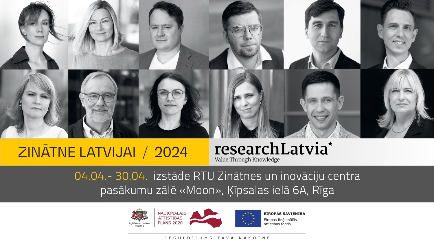 Zinātne Latvijai izstādes plakāts ar 12 pētnieku fotogrāfijām