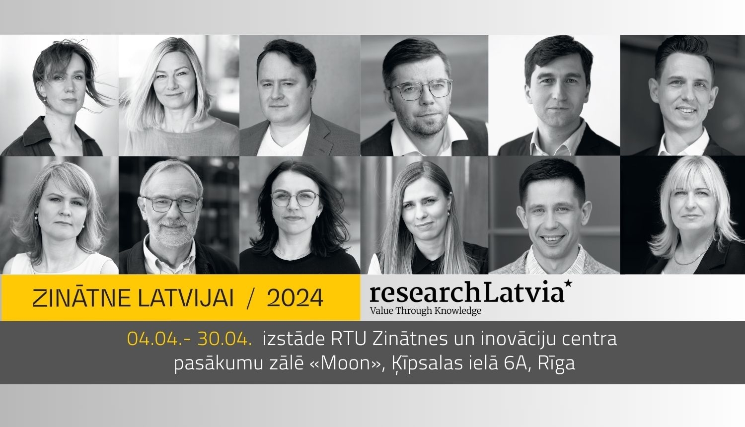 Izstādes “Zinātne Latvijai 2024” plakāts, kurā melnbaltās fotogrāfijās redzami visi 12 pētnieki un pētnieces, kas iekļauti 2024. gada zinātnes kalendārā